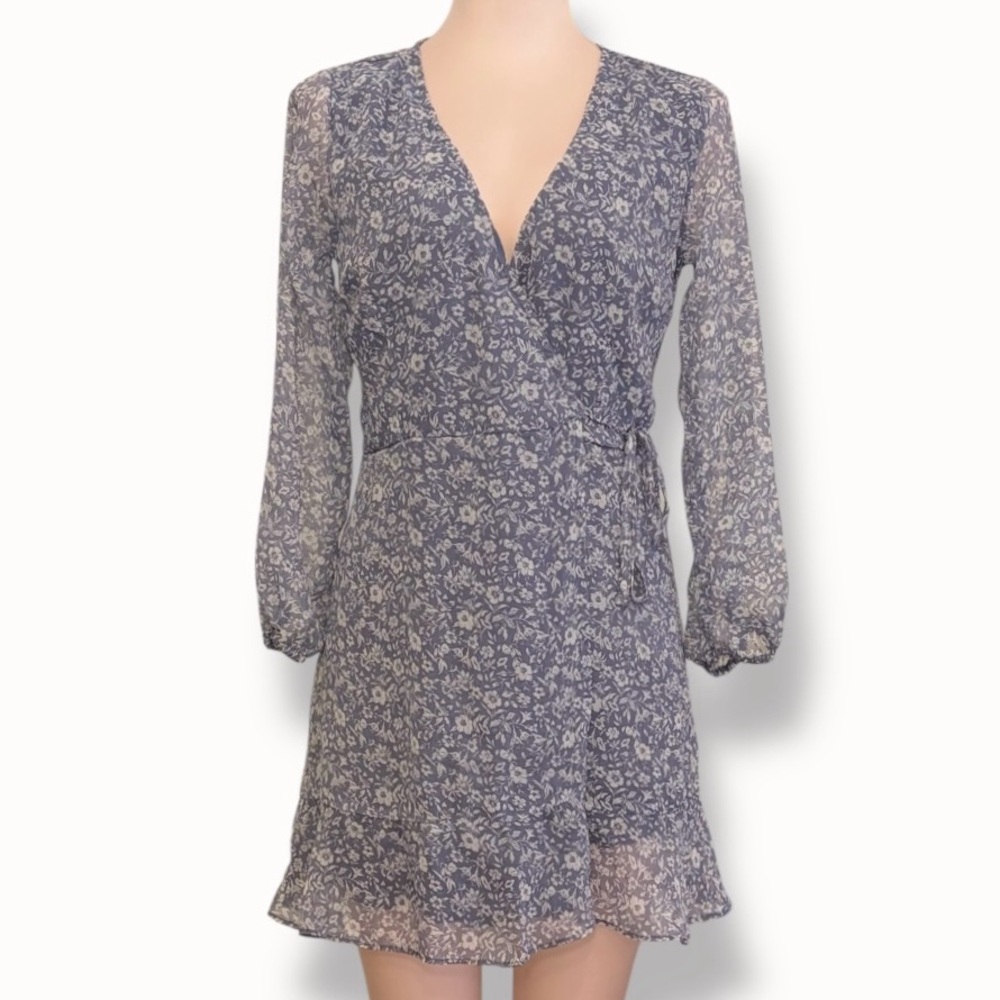 Abercrombie Blue Floral Wrap Mini Dress XS Long Sleeve Chiffon